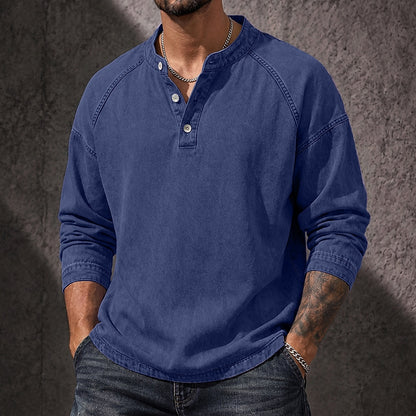 Vintage Washed Button-Neck Henley Long Sleeve T-Shirt