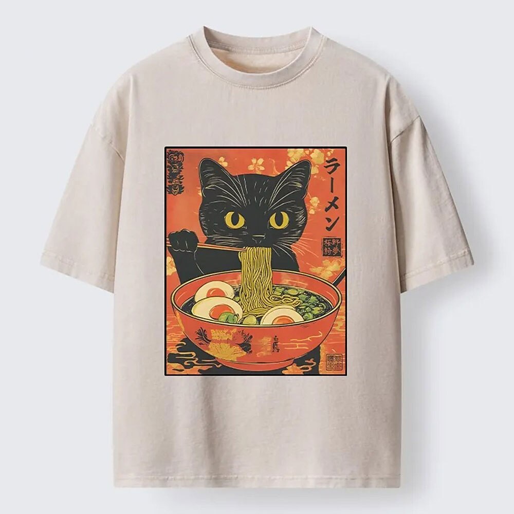 Men's Black Cat Ramen Graphic Washed Cotton T-Shirt