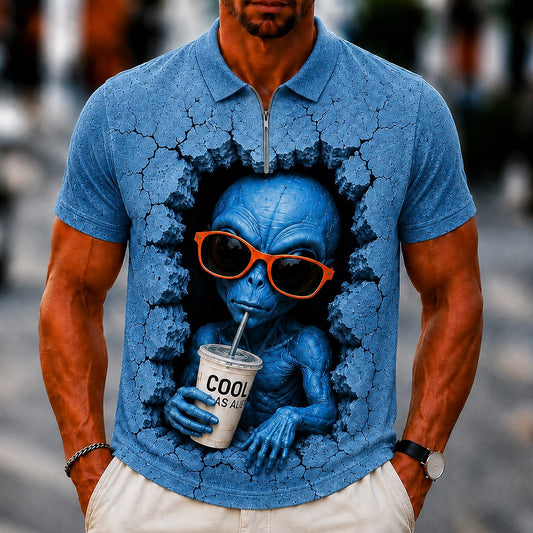 Men's Cool Alien Print Short Sleeve Sporty Zip Polo