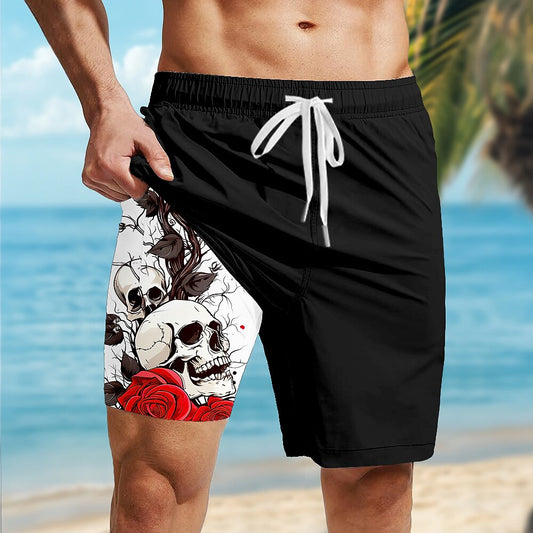 Men's Skull Rose Print Mid-Length Gothic Lined Board Shorts