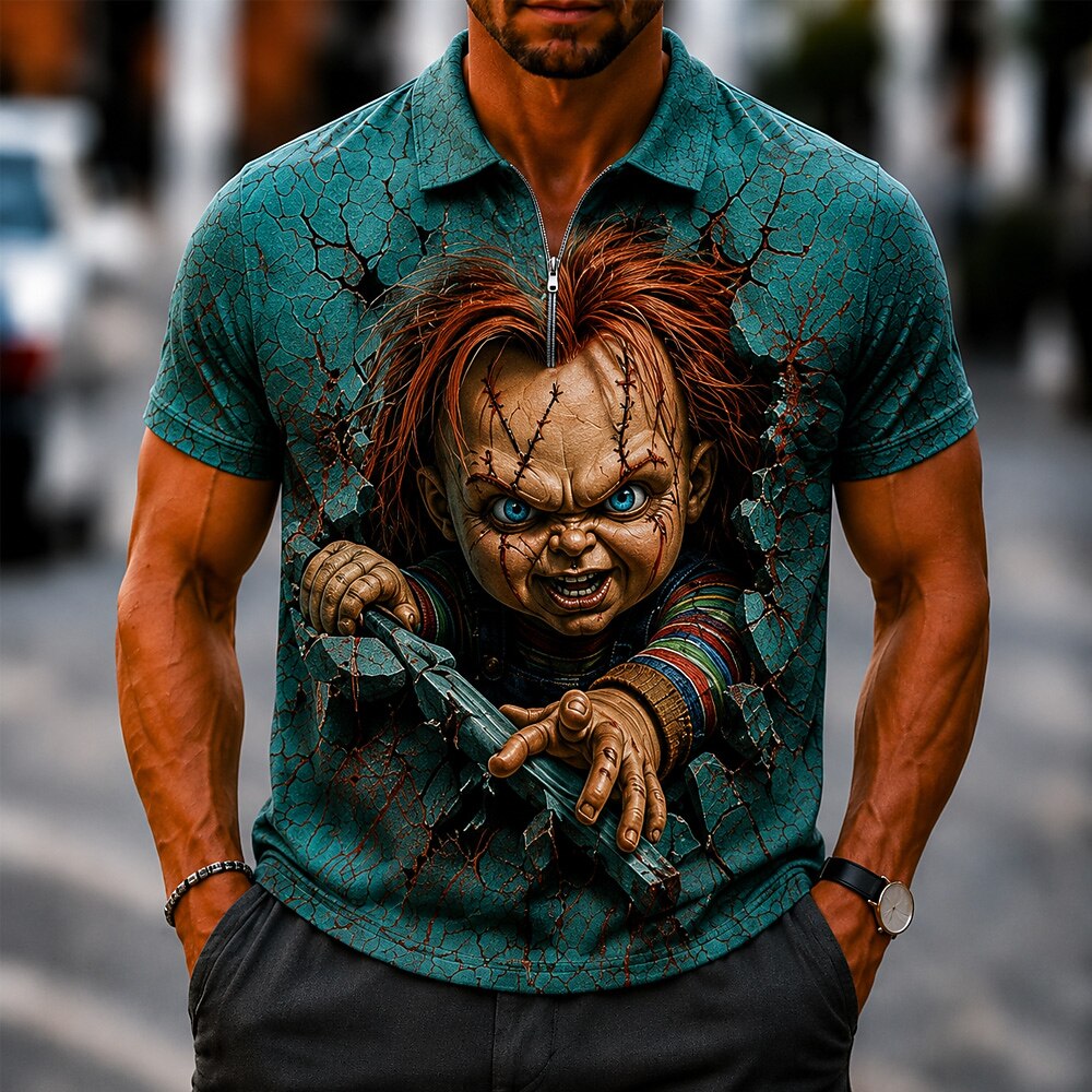 Men's Killer Doll Cartoon Print Short Sleeve Sporty Zip Polo