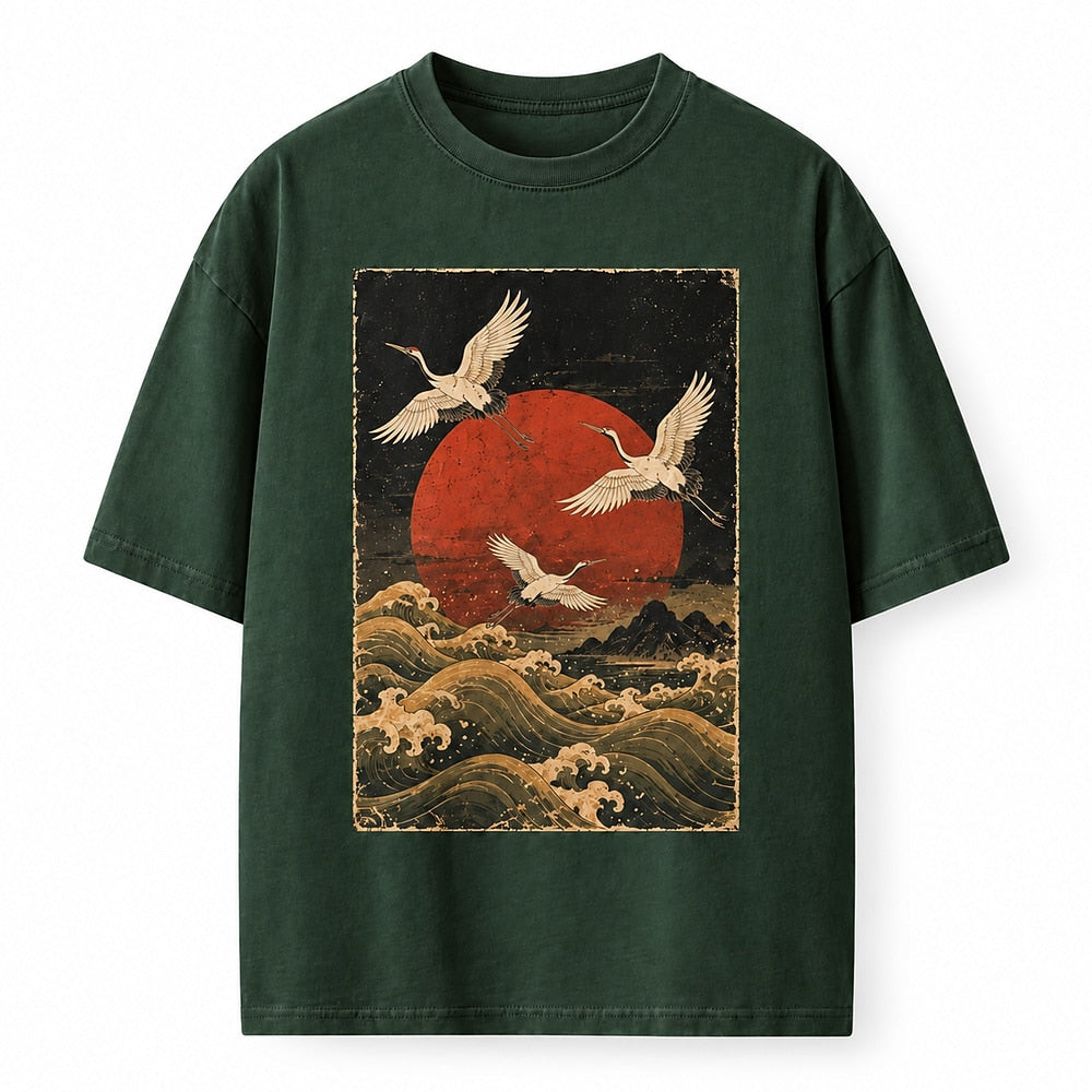 Red Sun Crane Waves Heavyweight T-Shirt