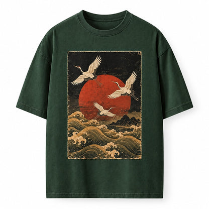 Red Sun Crane Waves Heavyweight T-Shirt