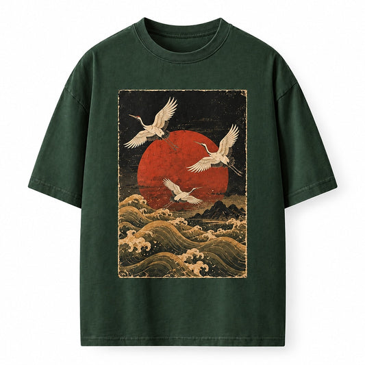 Red Sun Crane Waves Heavyweight T-Shirt