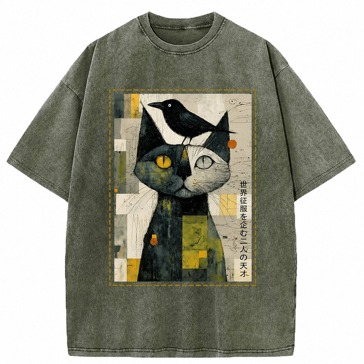 Japanese Style Cat Crow Washed T-Shirt