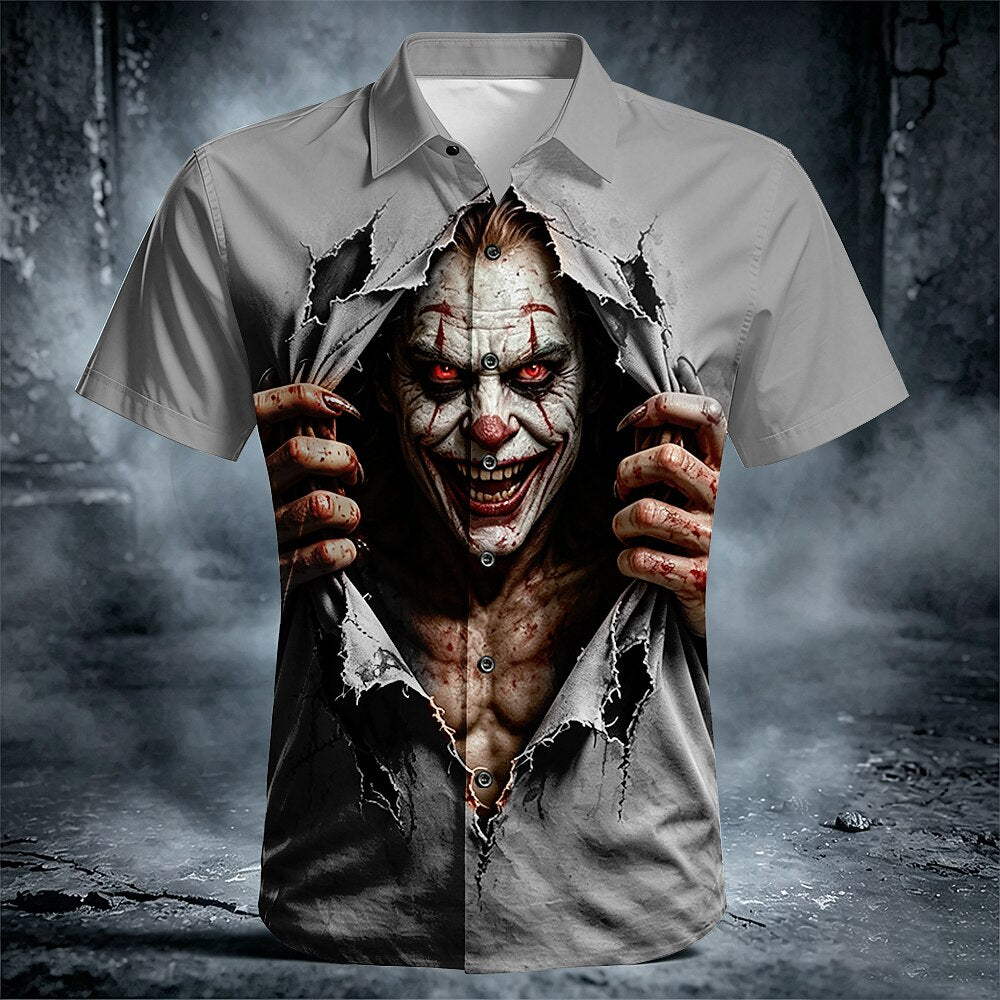 Men's Creepy Clown Breakout Print Short Sleeve Horror Button-Down Shirt