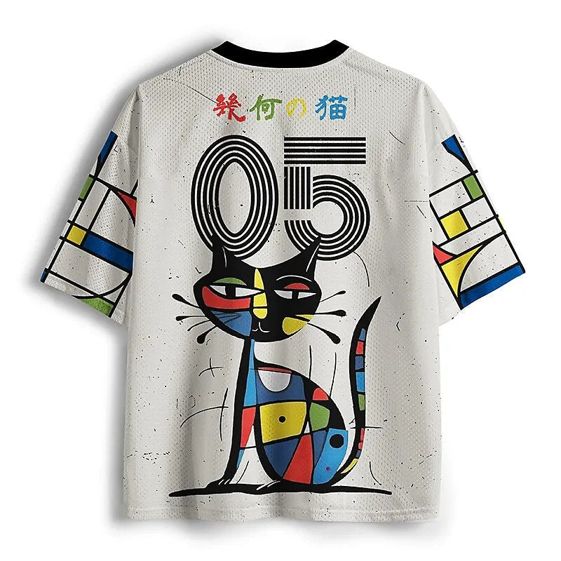Men's Black & White Cat Number Graphic Print Short Sleeve Sports Jersey T-Shirt