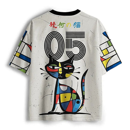 Men's Black & White Cat Number Graphic Print Short Sleeve Sports Jersey T-Shirt