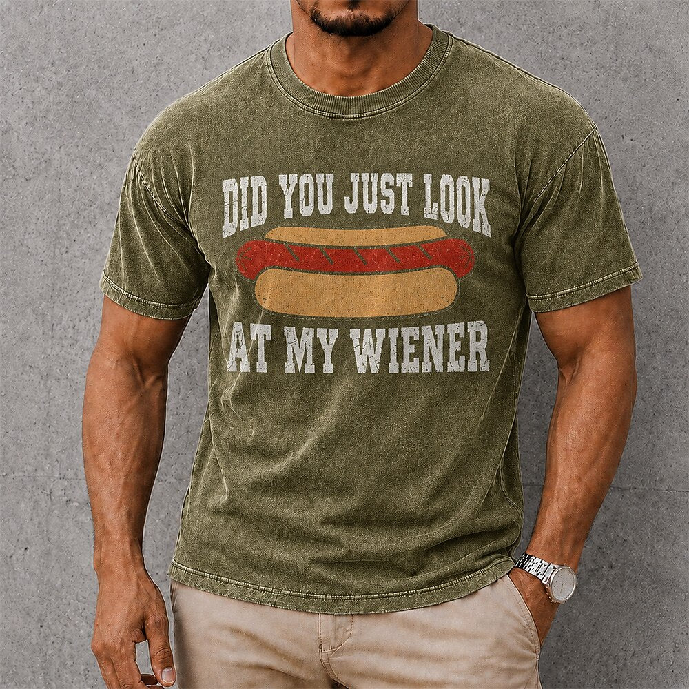 Men's Wiener Joke Quote Print Short Sleeve Acid-Wash T-Shirt