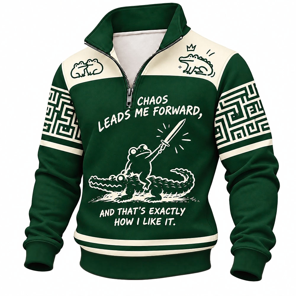 Chaos Leads Me Forward Frog and Crocodile Half-Zip Sweatshirt