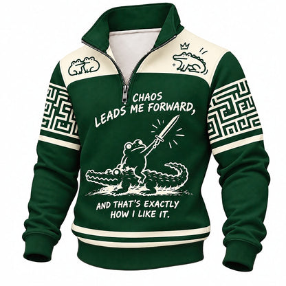 Chaos Leads Me Forward Frog and Crocodile Half-Zip Sweatshirt