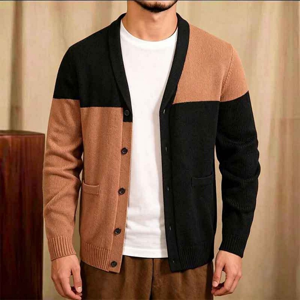 Offset Color-Block V-Neck Cardigan