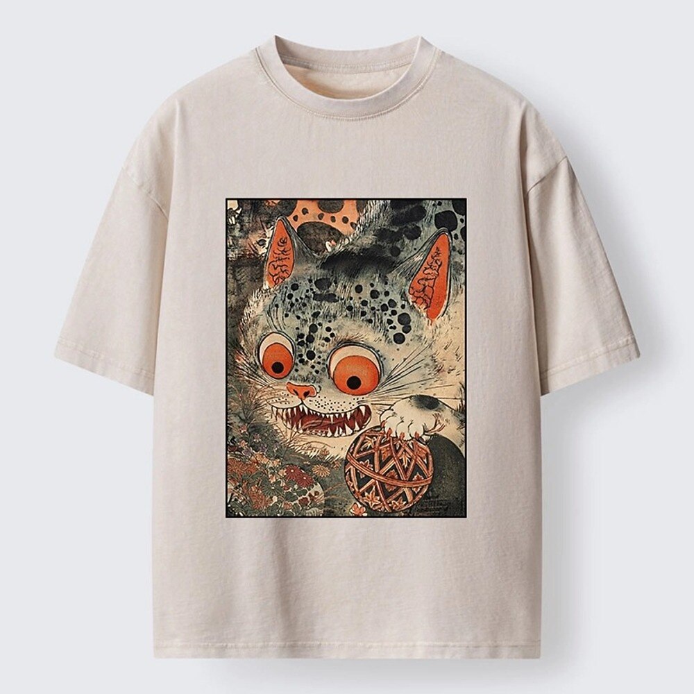 Japanese Style Cat Graphic Washed T-Shirt