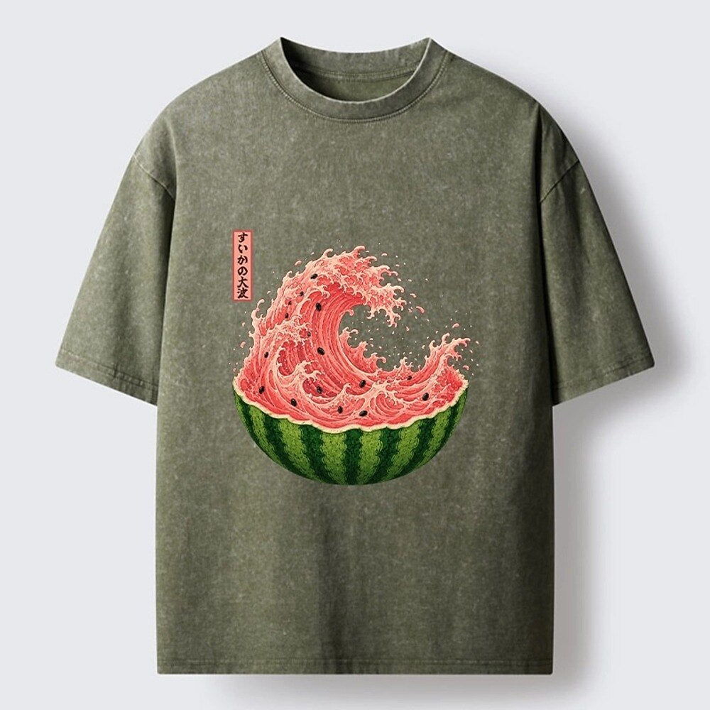 Japanese Style Watermelon Great Wave Washed T-Shirt