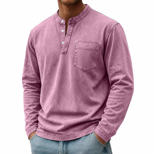 Washed Pocket Henley Long Sleeve T-Shirt