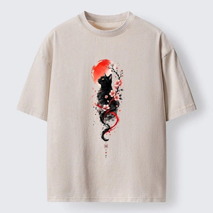 Japanese Style Cat Cherry Blossom Washed T-Shirt
