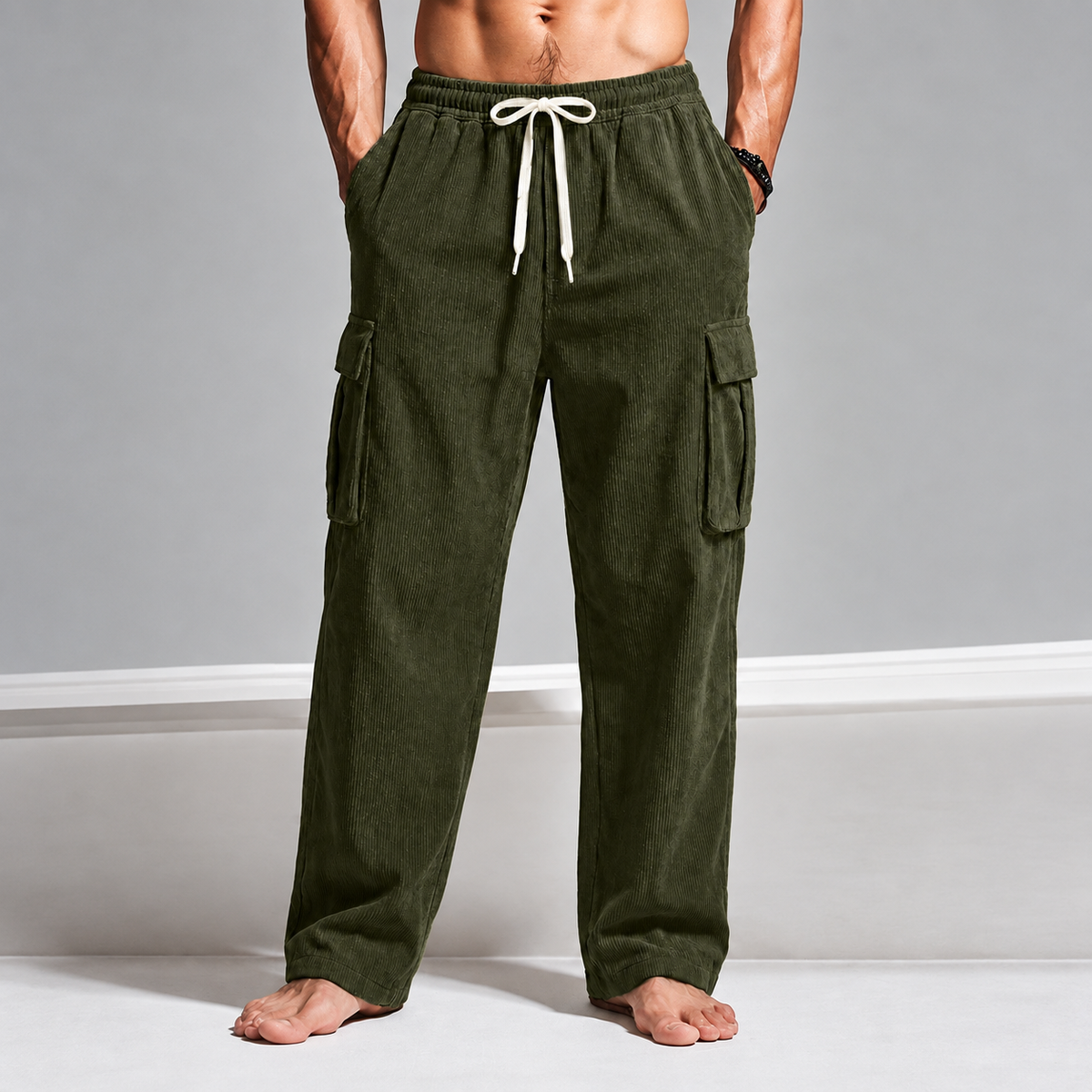 Drawstring Corduroy Cargo Pants in Army Green