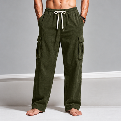 Drawstring Corduroy Cargo Pants in Army Green