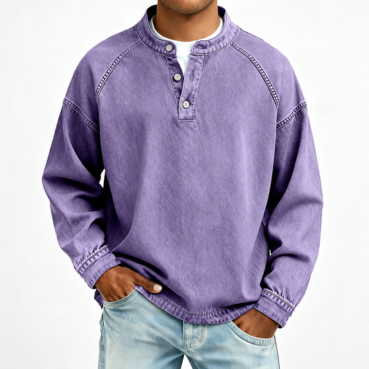 Vintage Washed Raglan Henley Long Sleeve T-Shirt in 紫色 Purple