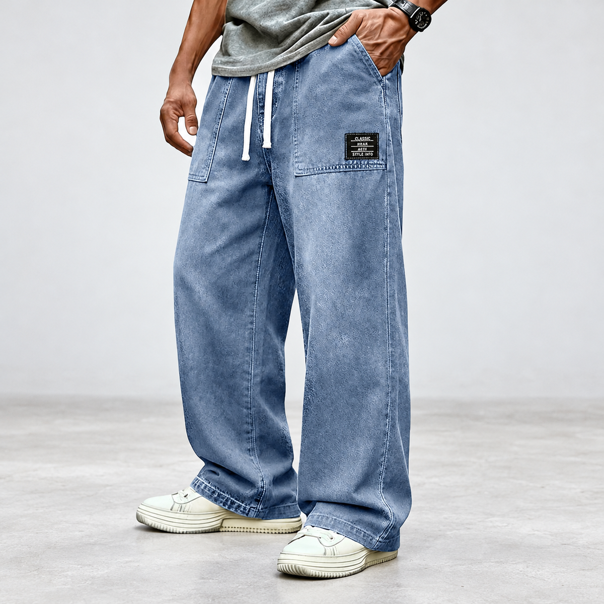 Washed Denim Drawstring Wide Leg Pants in Blue
