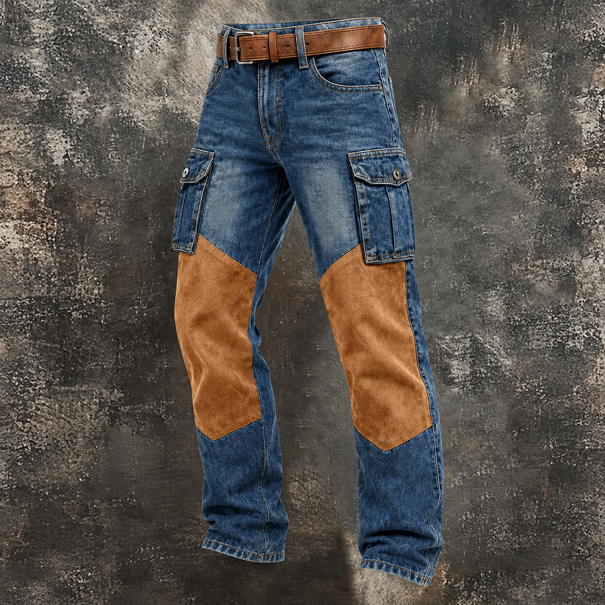 Contrast Panel Denim Cargo Pants in Blue
