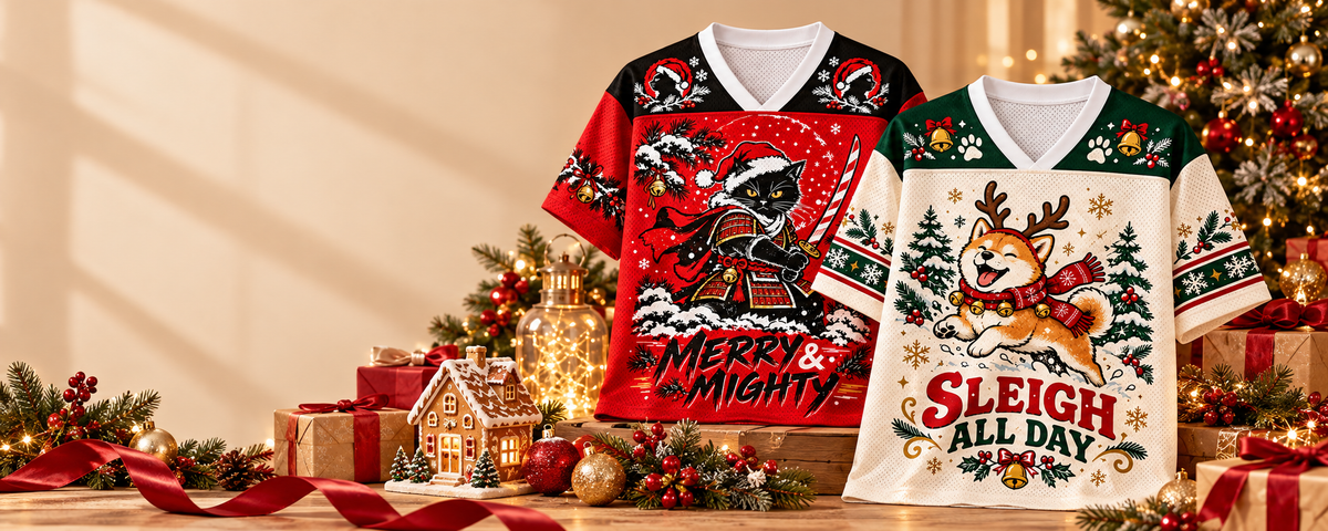 OsakaBeast Christmas cat and reindeer dog mesh jerseys in a warm gold holiday gift setting