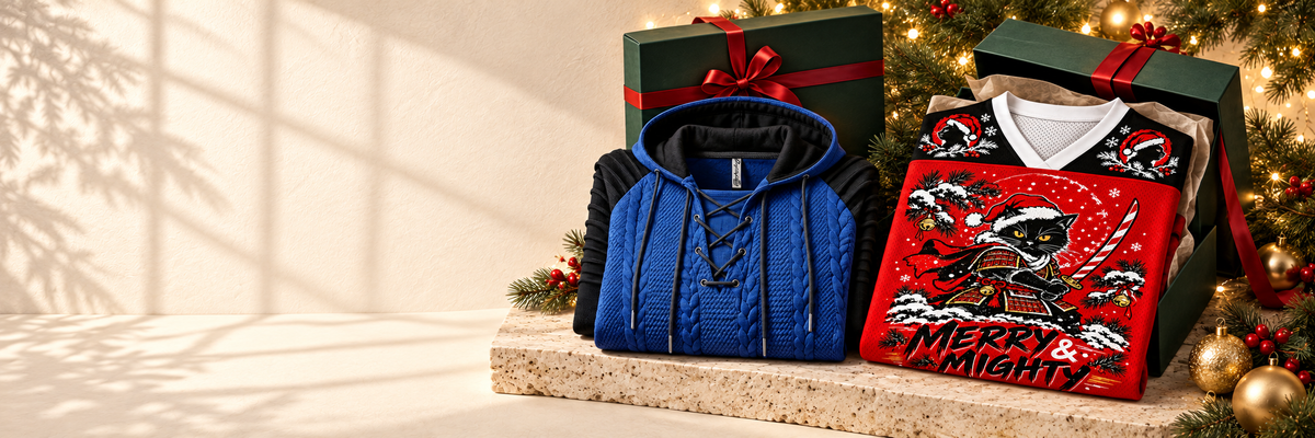 Blue cable-knit hoodie and red Christmas samurai cat jersey with pine branches, gift boxes and warm lights