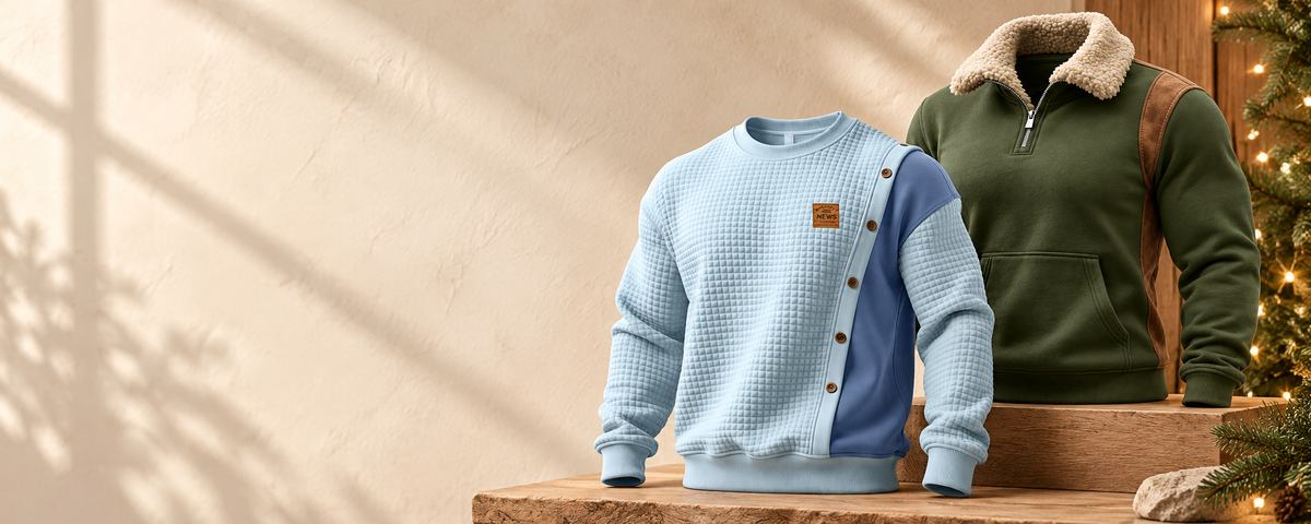OsakaBeast light-blue waffle sweatshirt and olive fleece-collar quarter-zip winter layers