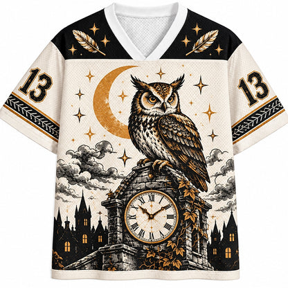 Moonlit Clock Tower Owl Number 13 V-Neck Mesh Jersey