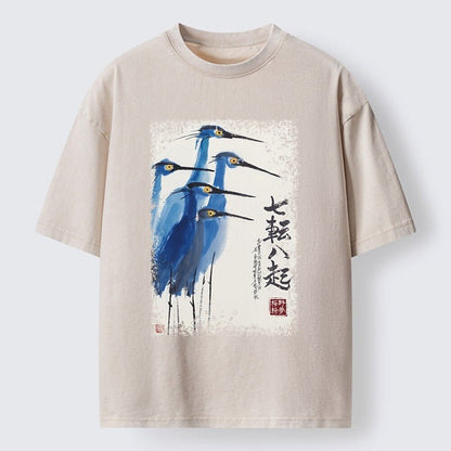 Japanese Style Calligraphy Heron Washed T-Shirt