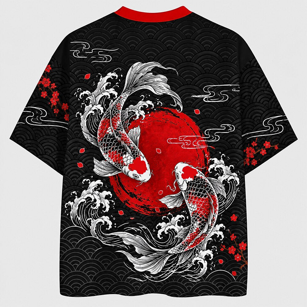 Men's Fish Kanji Graphic V-Neck Sports Jersey