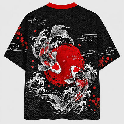 Men's Fish Kanji Graphic V-Neck Sports Jersey