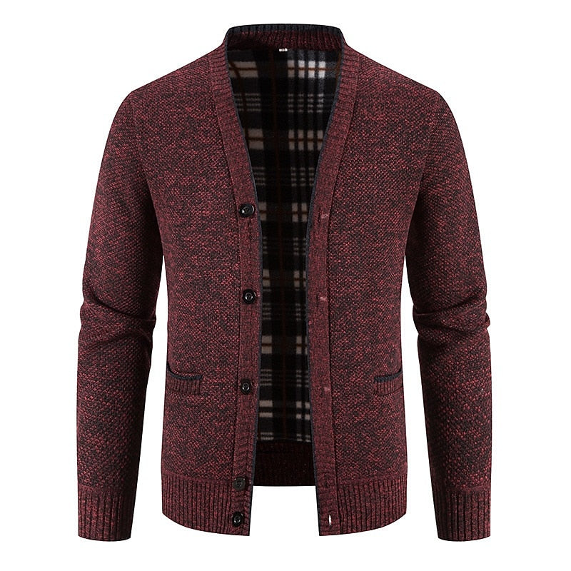 Plaid-Lined Welt Pocket Cardigan