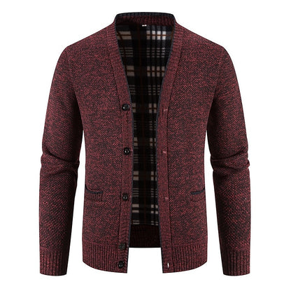 Plaid-Lined Welt Pocket Cardigan