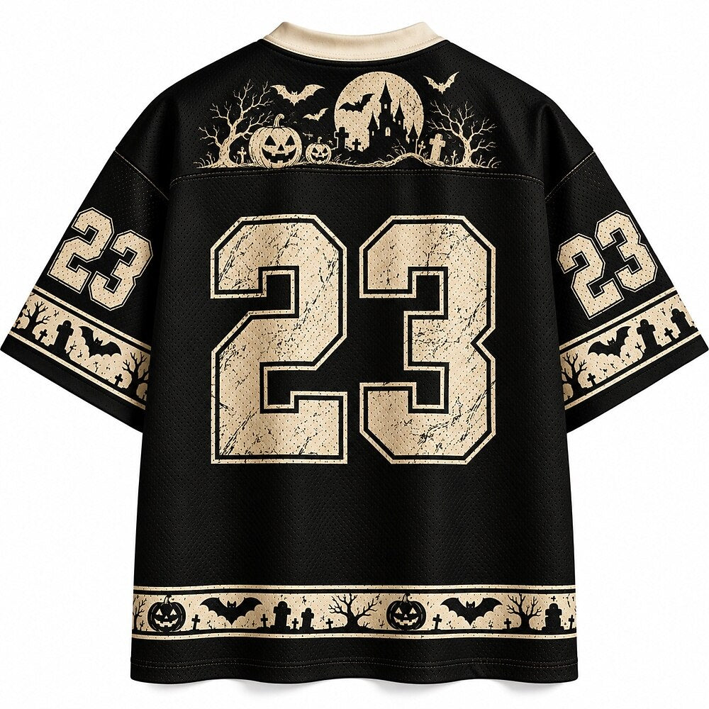 Men's Dog Pumpkin Ghost Number Text Graphic V-Neck Sports Jersey