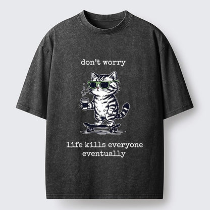 Japanese Style Skateboard Cat Washed T-Shirt
