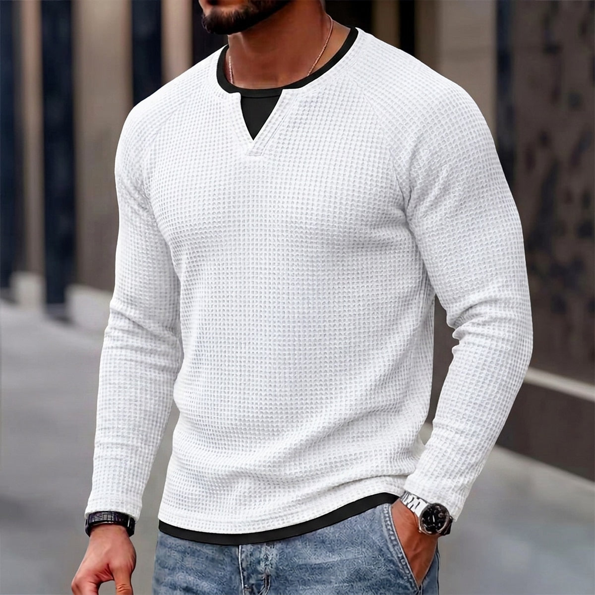 Layered Notch Neck Waffle Henley Long Sleeve T-Shirt