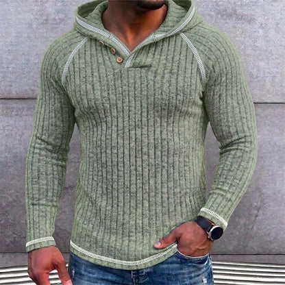 Ribbed Button-Neck Hoodie