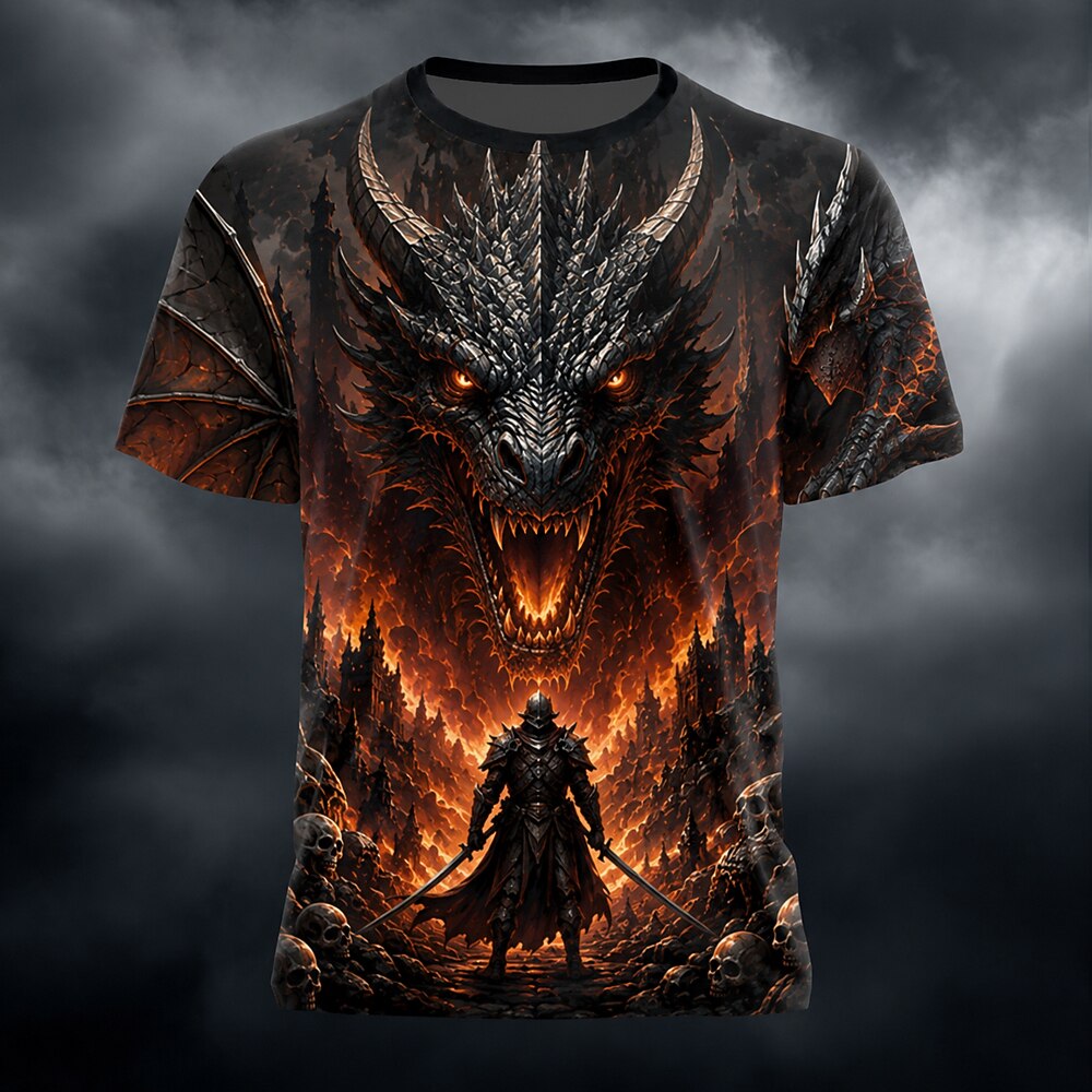 Men's Fire Dragon Skull Print Short Sleeve Gothic T-Shirt