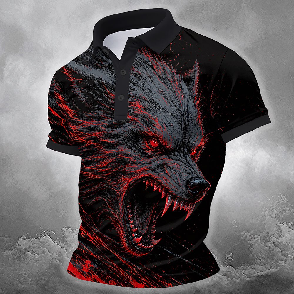 Men's Howling Wolf Print Short Sleeve Gothic Polo Shirt