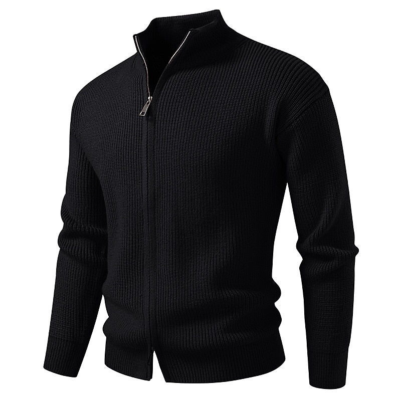 Vertical Rib Stand-Collar Zip Cardigan