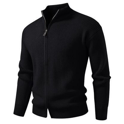 Vertical Rib Stand-Collar Zip Cardigan