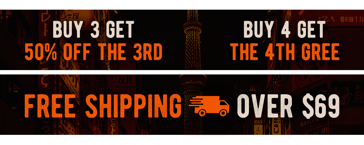 Buy 3 get 50% off the third, buy 4 get the fourth free, free shipping over $69