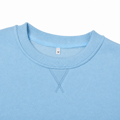 Light blue sweatshirt neckline with centered V-stitch detail