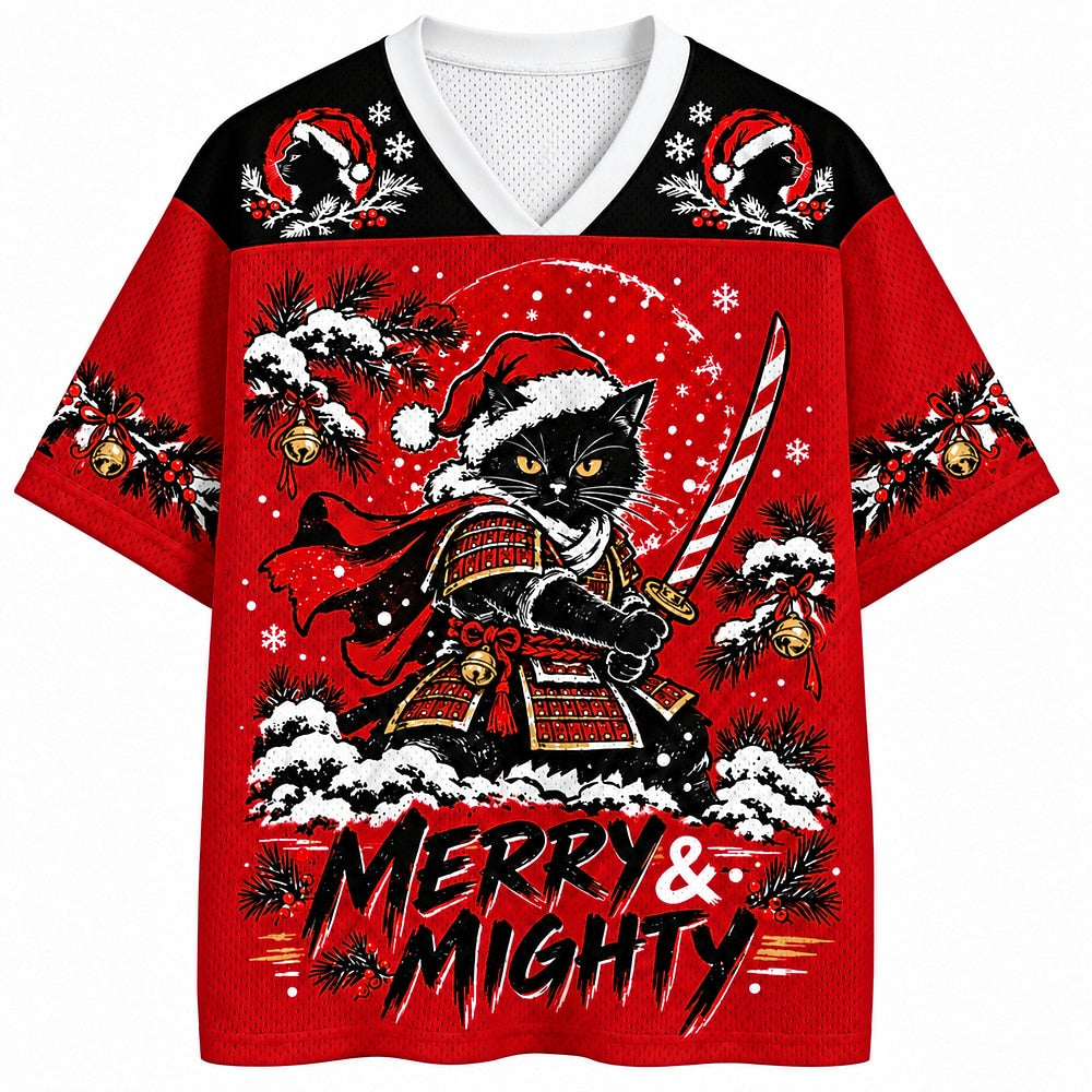 Merry and Mighty Samurai Cat V-Neck Mesh Jersey