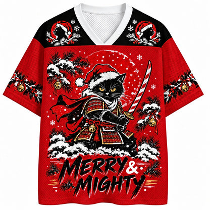 Merry and Mighty Samurai Cat V-Neck Mesh Jersey