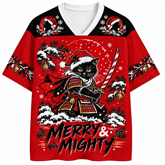 Merry and Mighty Samurai Cat V-Neck Mesh Jersey