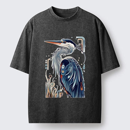 Japanese Style Heron Graphic Washed T-Shirt