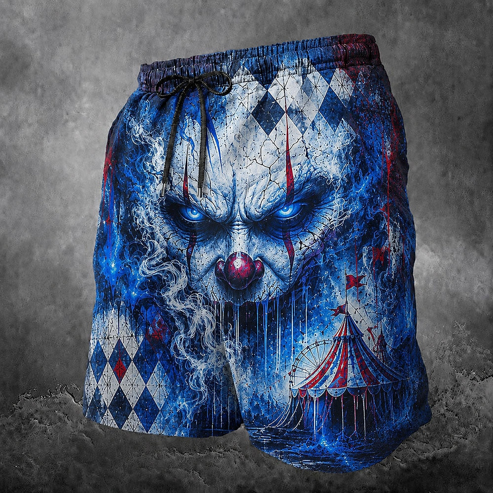 Men's Creepy Clown Print Mid-Length Dark Swim Shorts