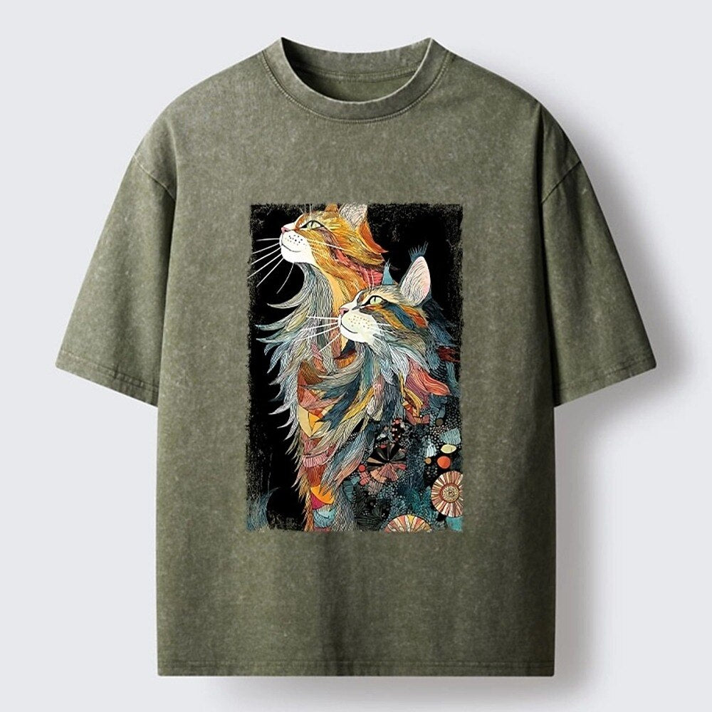 Japanese Style Abstract Two Cats Washed T-Shirt